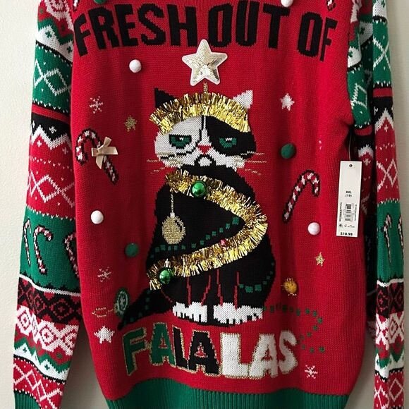 Grumpy Cat Ugly Christmas Sweater “Fresh Out of FALALAS” Jingle Bells XL Women - Picture 2 of 11